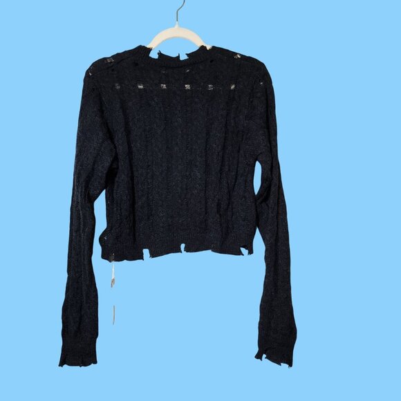 Commense Goth Grunge Distressed Black Knit Cropped Raw Hem Long Sleeves Sweater - Picture 6 of 6